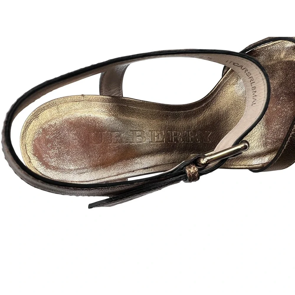 Burberry Wedge Sandals Womens 37.5 Bronze Good House Check Metallic Strappy Heel